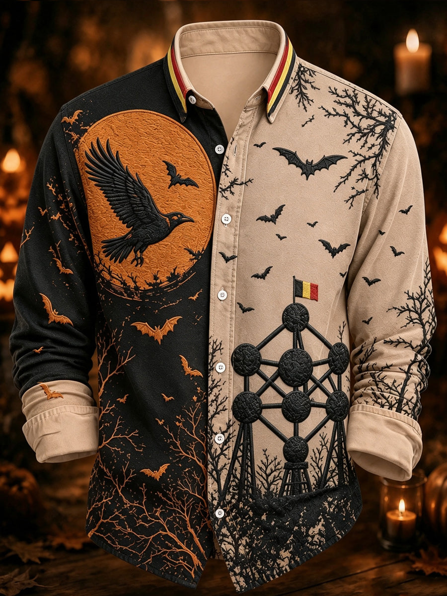 Herenoverhemd met Belgisch Halloween‑motief en lange mouwen, casual stijl