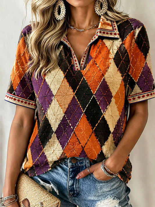 Nederlandse Halloween Houndstooth Print casual V-hals polo T-shirt