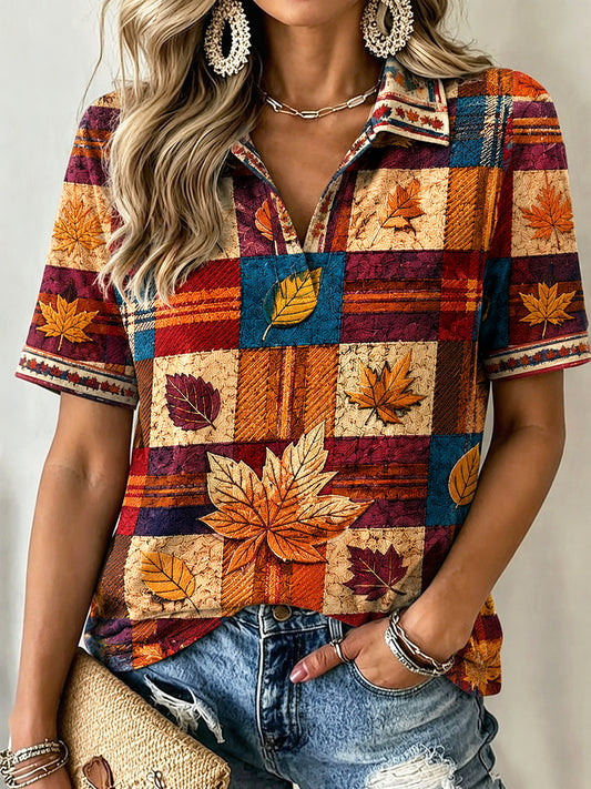 Retro Nederlandse Halloween Check Print Casual V-hals Polo T-shirt