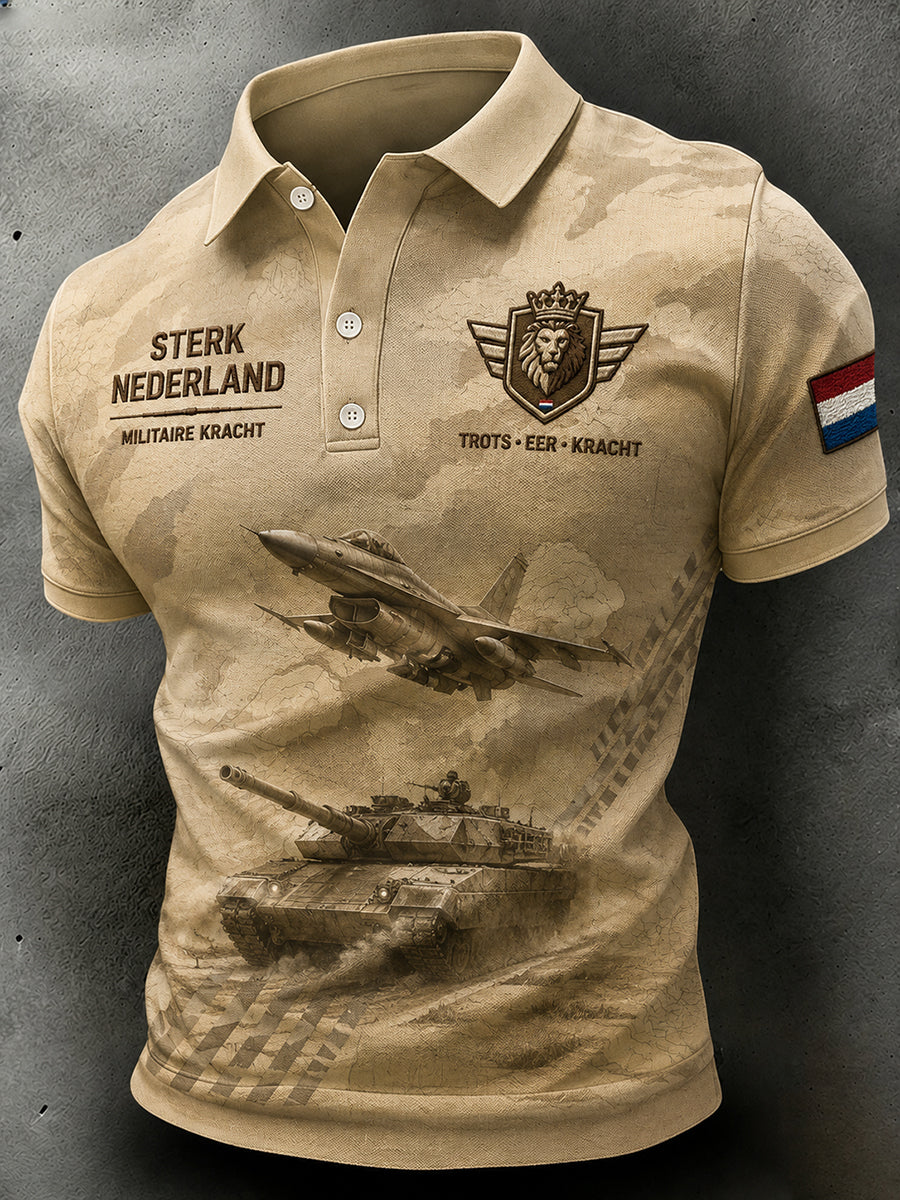 Herenpoloshirt met korte mouwen en vintage militaire camouflageprint