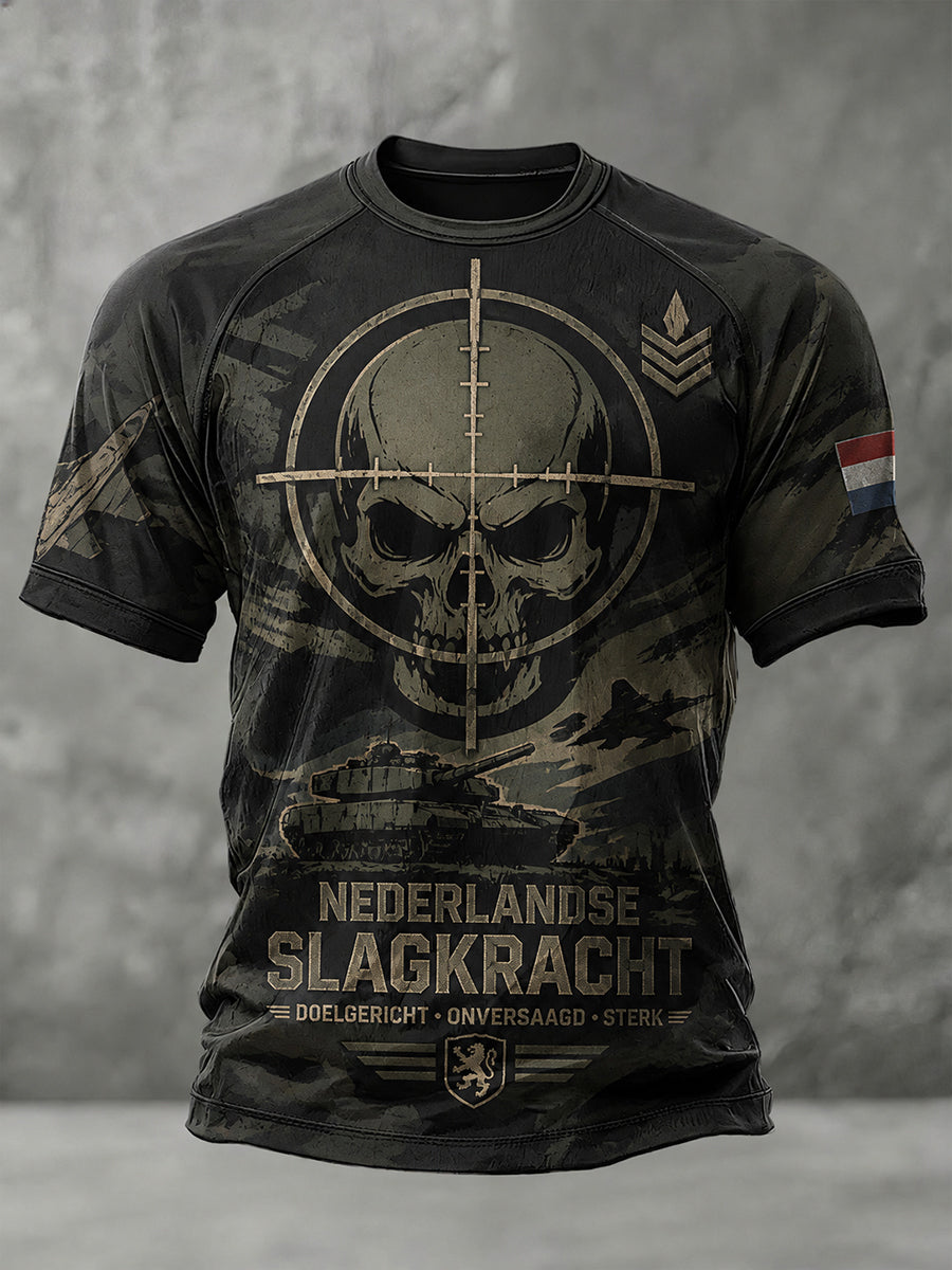 Heren-T-shirt met korte mouwen en raglanmouwen, met vintage militaire camouflageprint