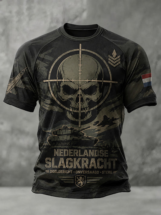 Heren-T-shirt met korte mouwen en raglanmouwen, met vintage militaire camouflageprint