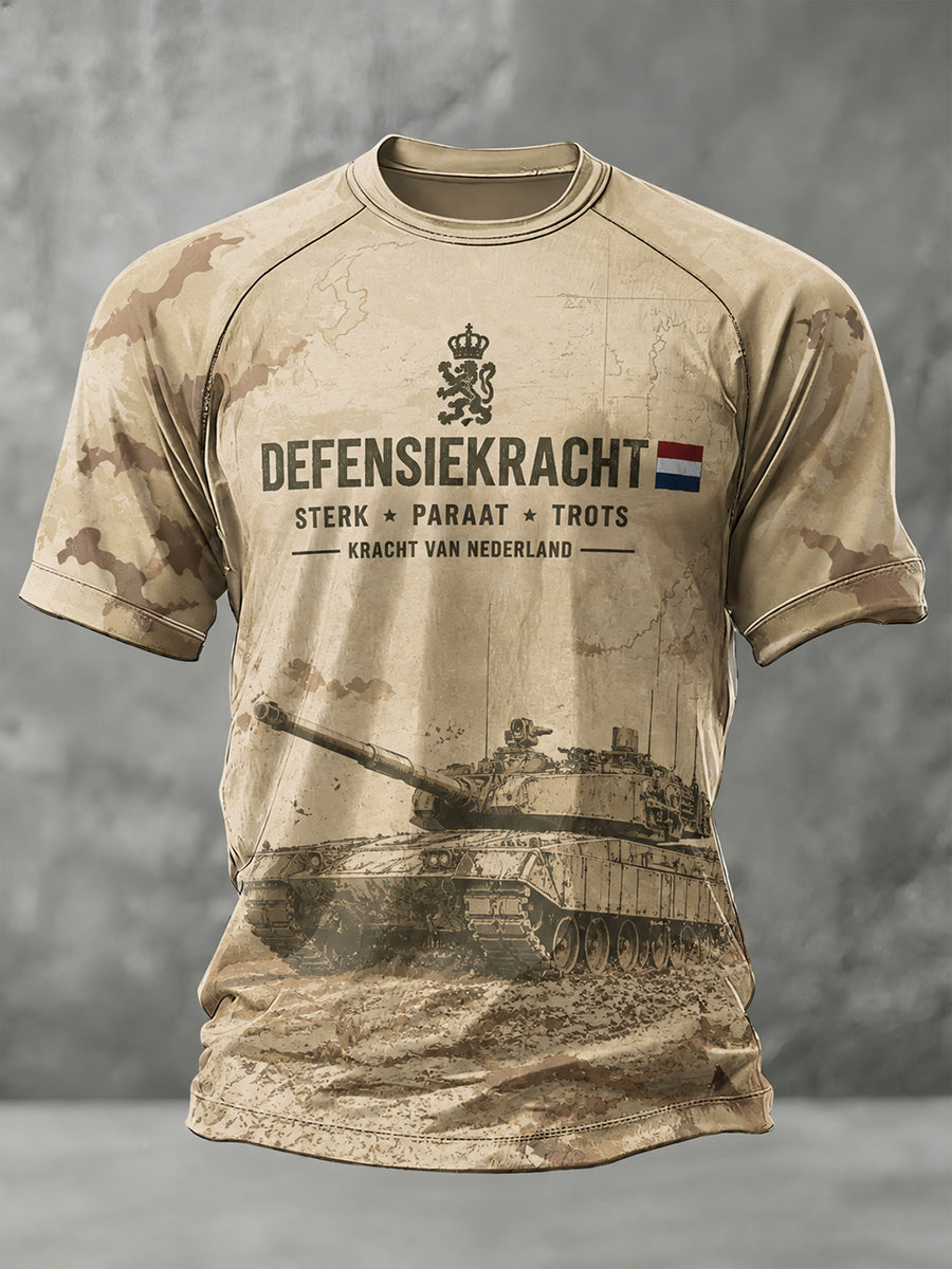 Heren-T-shirt met korte mouwen en raglanmouwen, met vintage militaire camouflageprint