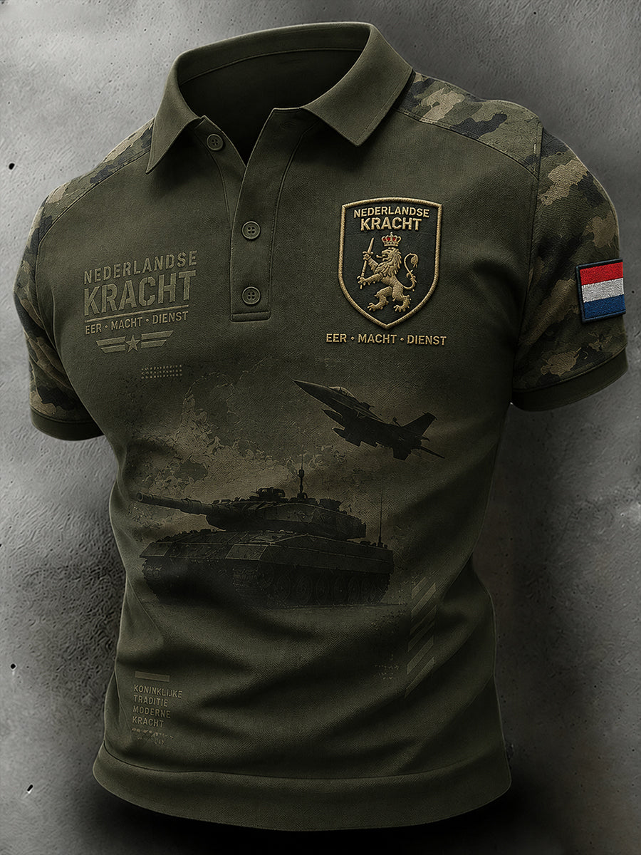 Herenpoloshirt met korte mouwen en vintage militaire camouflageprint