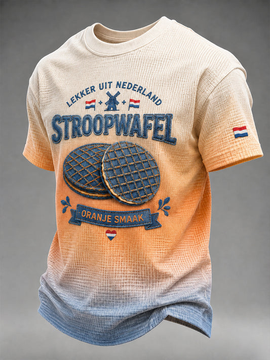 Heren-T-shirt met korte mouwen en wafelpatroon, met een print met voedselthema