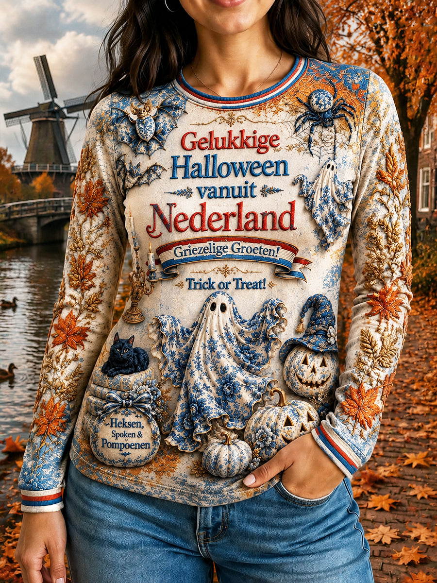 Dutch Halloween Delfts Blauw en Wit Keramisch Skelet Print T-shirt met lange mouwen