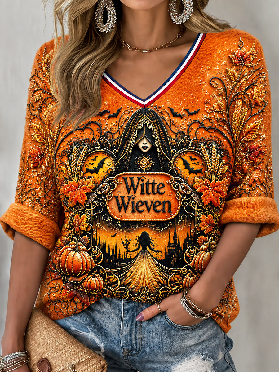 Nederlandse Halloween Ghost Print T-shirt met V-hals