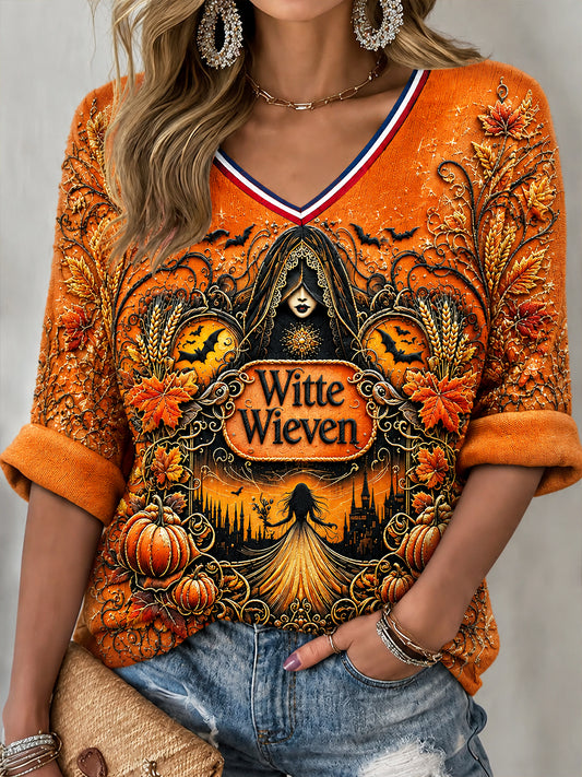 Nederlandse Halloween Ghost Print T-shirt met V-hals