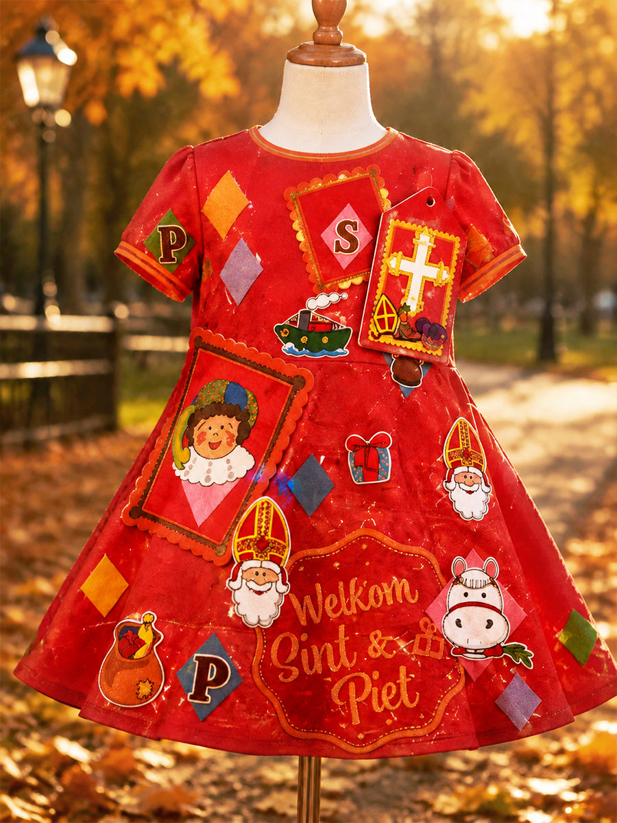 Meisjesrode Nederlandse sinterklaas seizoen schattige print jurk met korte mouwen