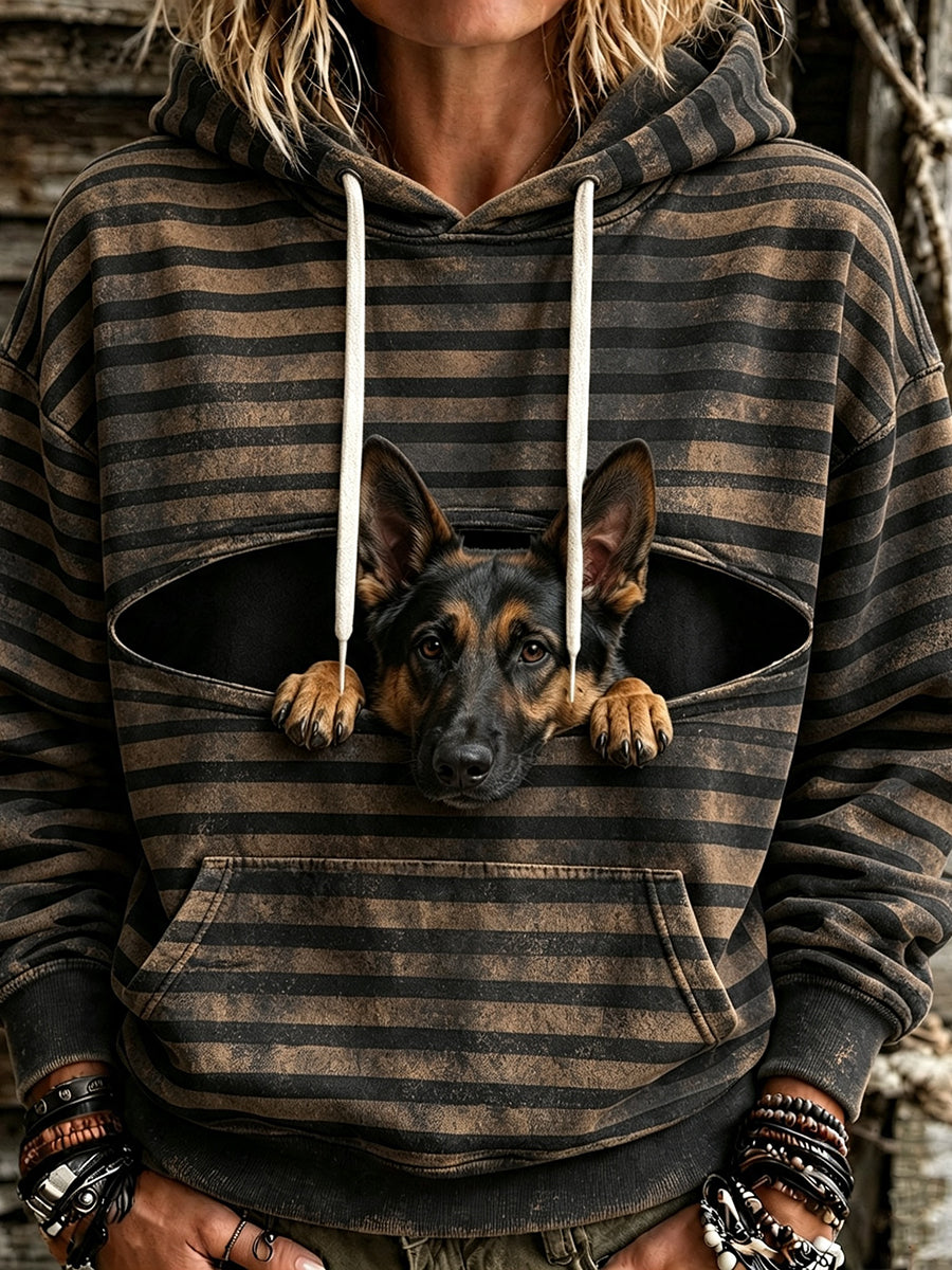 Dames schattige griezelige Duitse herder gestreepte print comfortabele hoodie