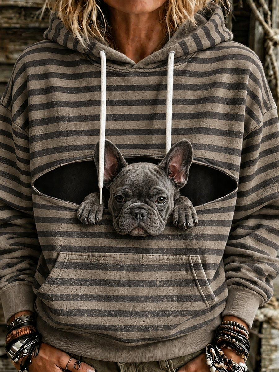Dames schattige griezelige Franse Bulldog gestreepte print comfortabele hoodie
