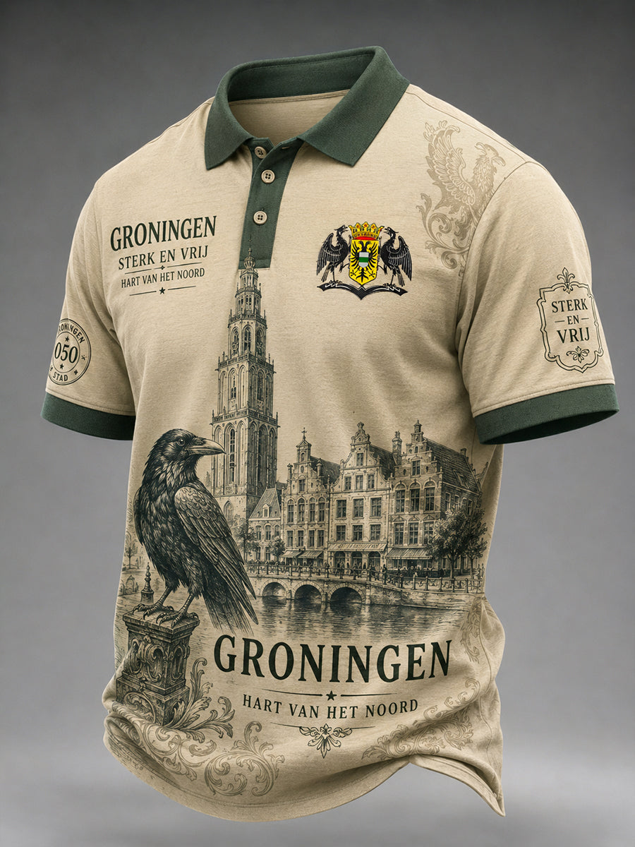 Herenpoloshirt met korte mouwen en stedelijke herdenkingsprint