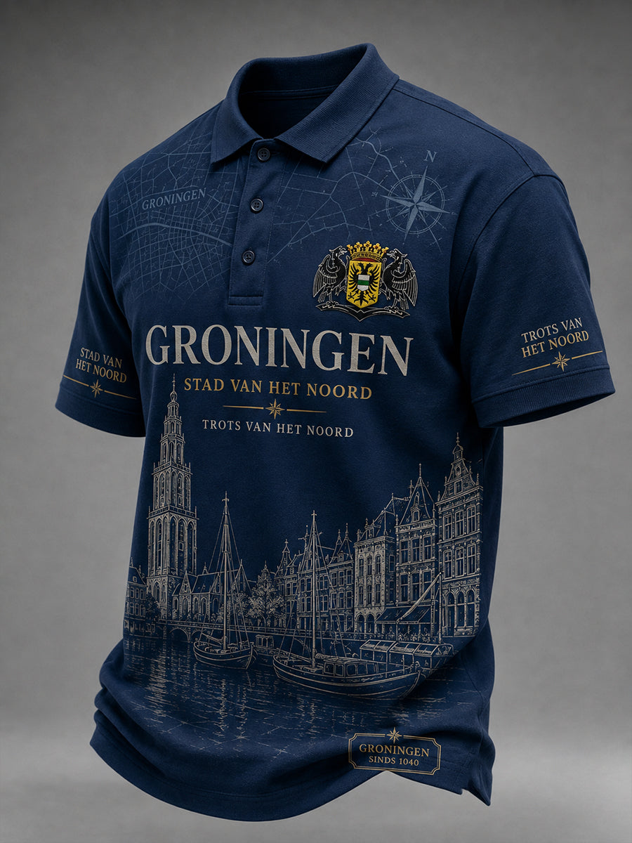 Herenpoloshirt met korte mouwen en stedelijke herdenkingsprint