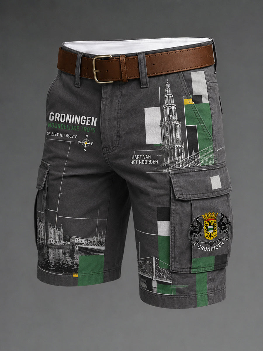 Herensmokingsbroek met stedelijk herdenkingsgraffisch motief en cropped model