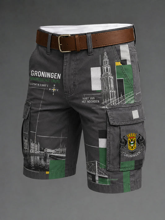 Herensmokingsbroek met stedelijk herdenkingsgraffisch motief en cropped model