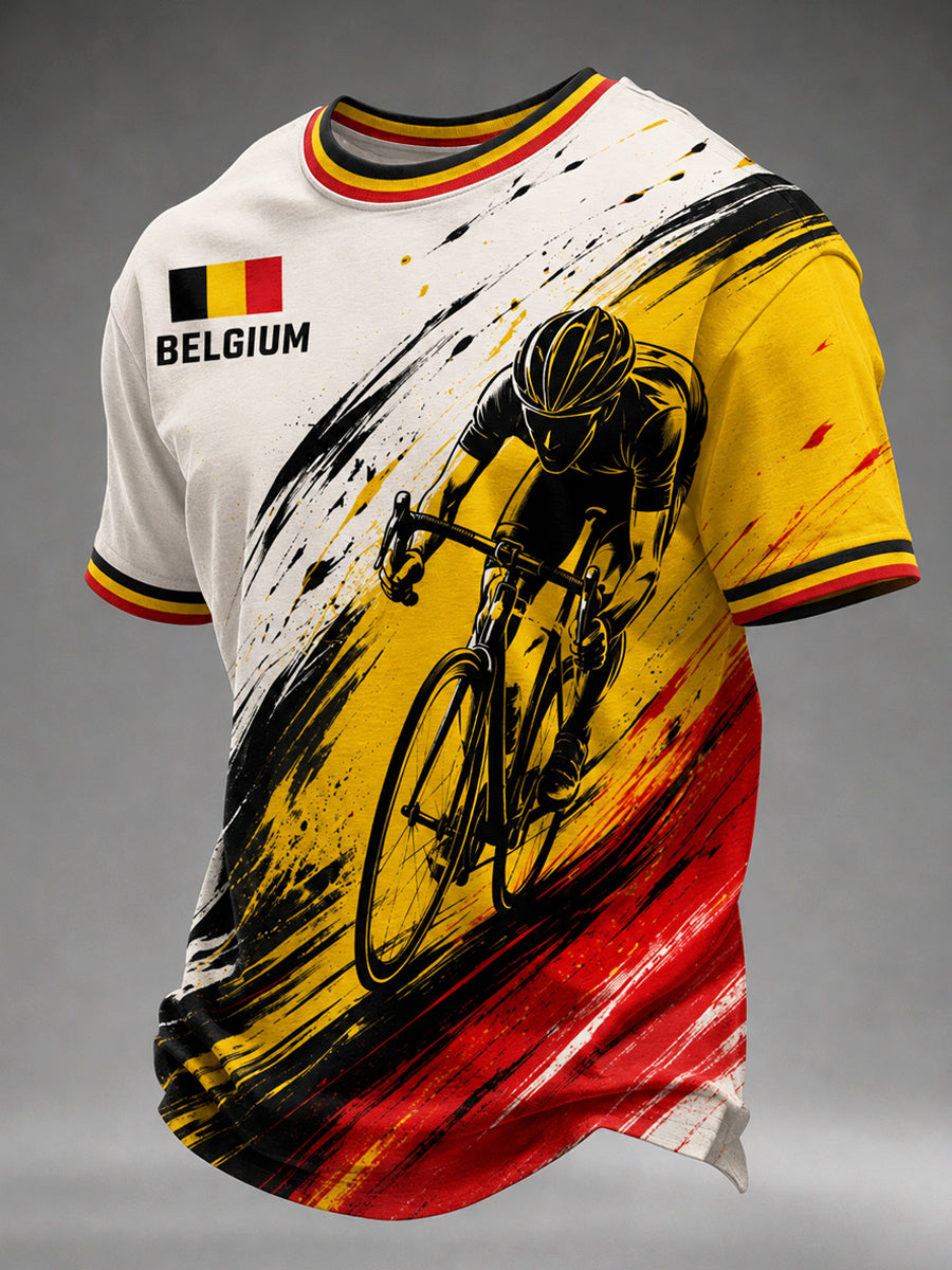 Heren T-shirt in Belgische cyclocrossstijl met print, vintage mode, ruimvallend en korte mouwen