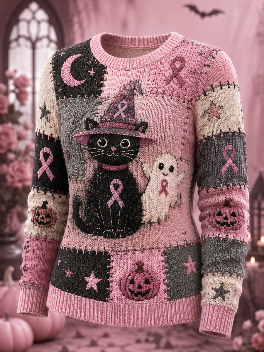 Roze halloweentrui voor vrouwen met print van spook en kat en roze lint ter ondersteuning van het bewustzijn rond borstkanker