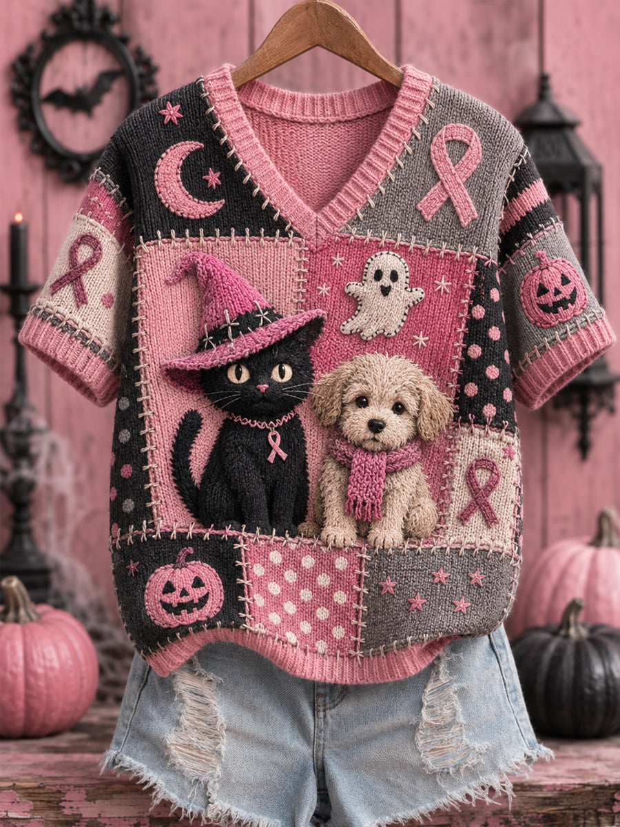 Dames Halloween roze hond en kat roze lintprint borstkankerbewustwordingsondersteuning V-hals top