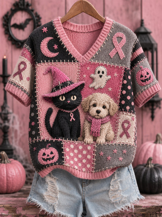 Dames Halloween roze hond en kat roze lintprint borstkankerbewustwordingsondersteuning V-hals top