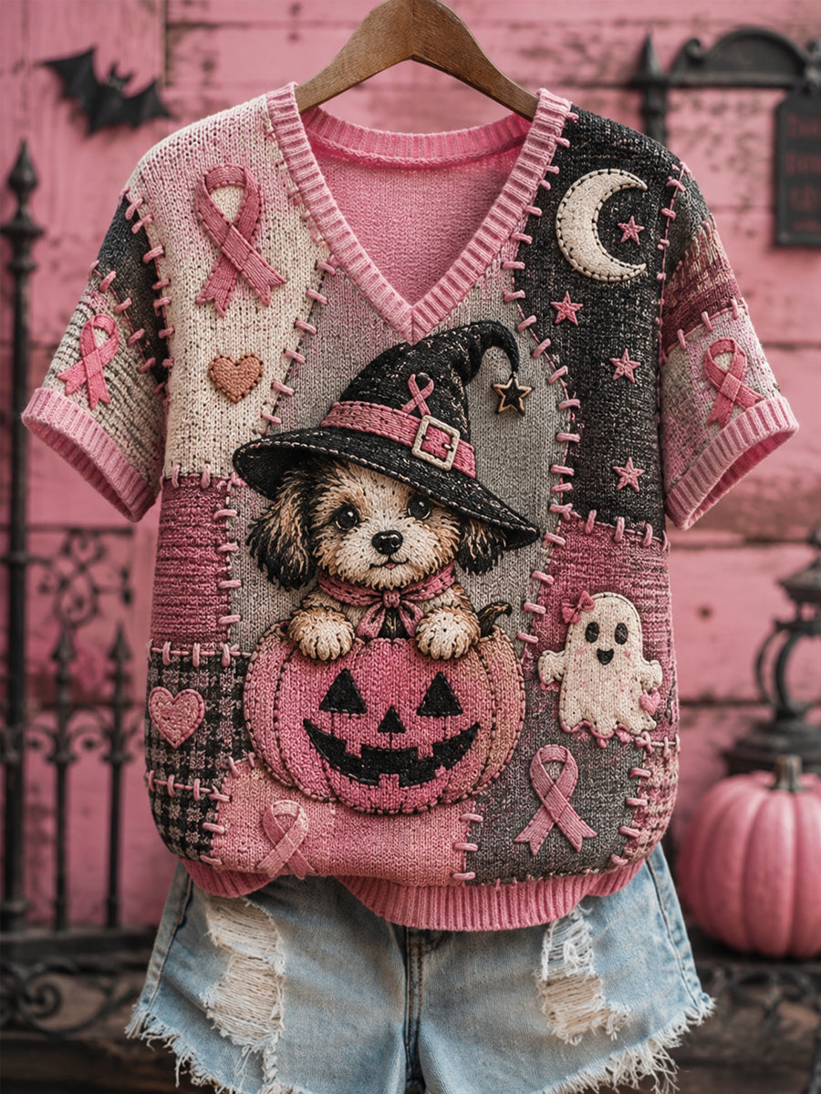 Dames Halloween roze hond roze lint print borstkankerbewustwording steun V-hals top