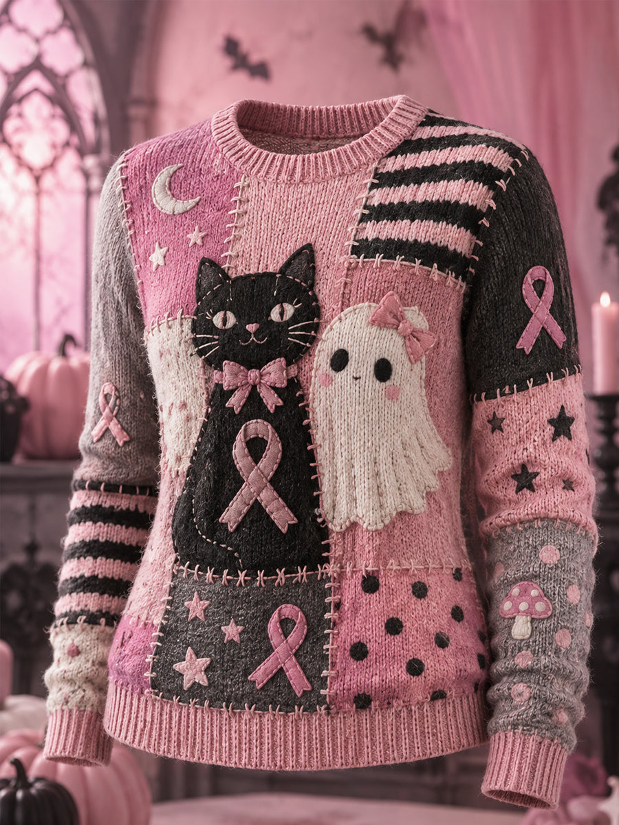 Roze halloweentrui voor vrouwen met print van spook en kat en roze lint ter ondersteuning van het bewustzijn rond borstkanker