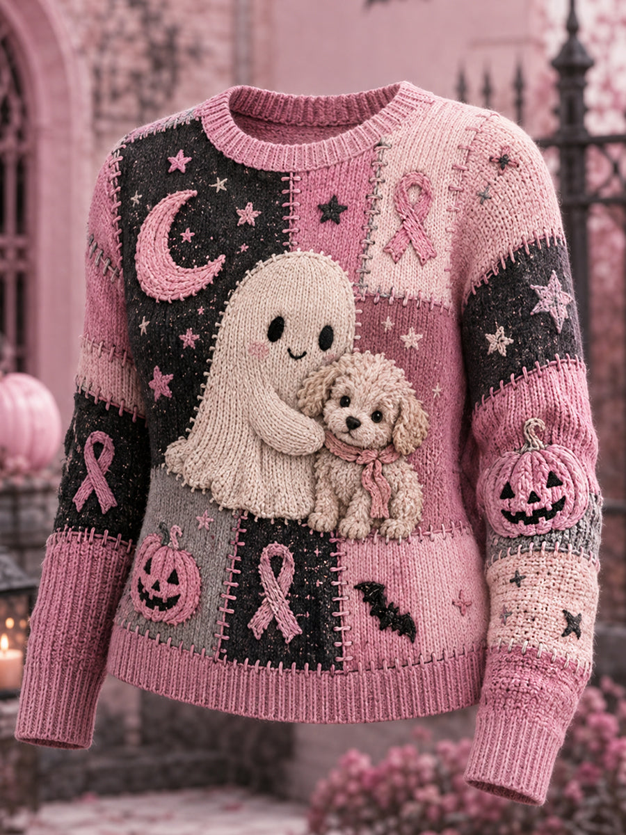 Roze halloweentrui voor vrouwen met print van spook en hond en roze strik ter ondersteuning van het bewustzijn rond borstkanker
