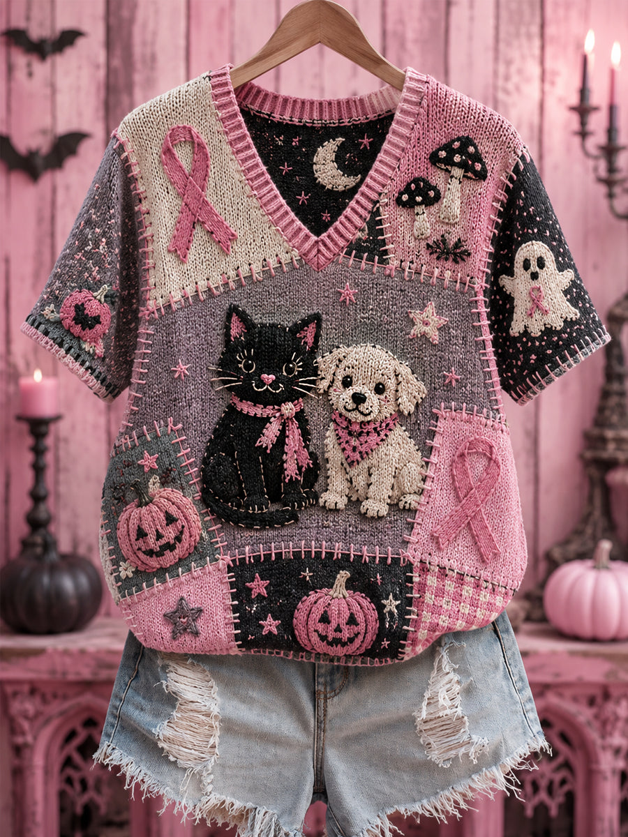 Dames Halloween roze hond en kat roze lintprint borstkankerbewustwordingsondersteuning V-hals top