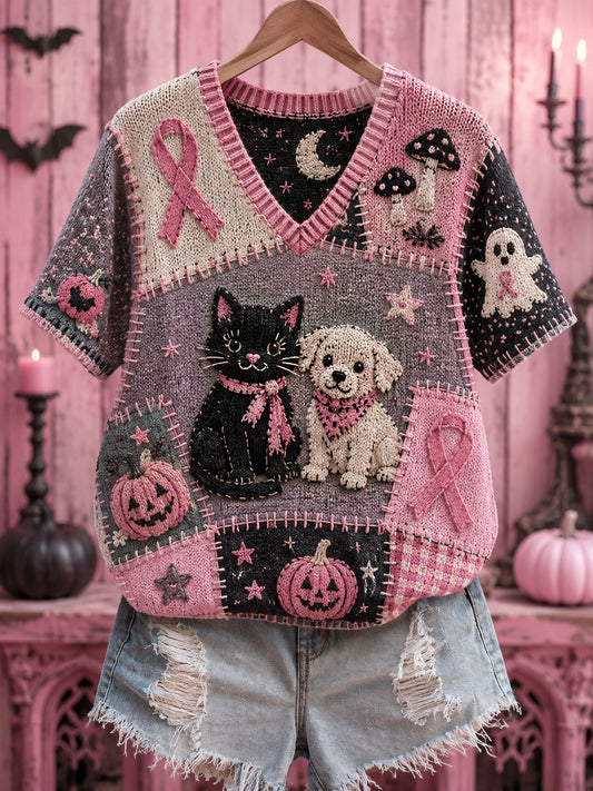 Dames Halloween roze hond en kat roze lintprint borstkankerbewustwordingsondersteuning V-hals top