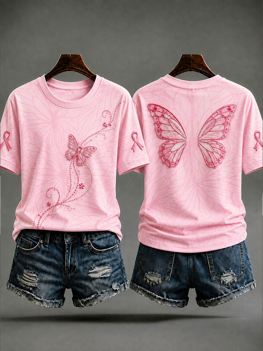 Dames vlinderprint borstkankerpreventie T-shirt