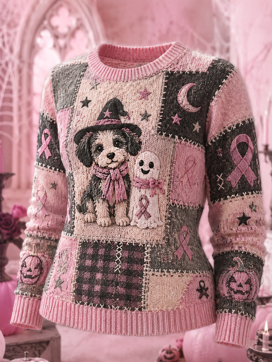Roze halloweentrui voor vrouwen met print van spook en hond en roze strik ter ondersteuning van het bewustzijn rond borstkanker
