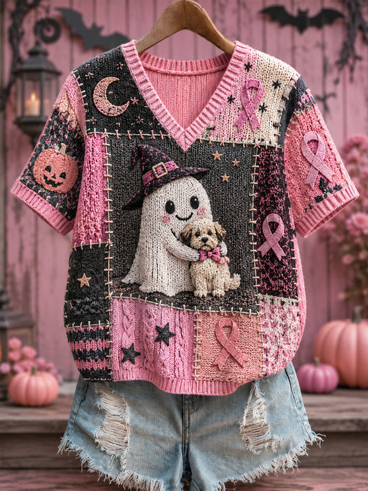 Roze spook en hond met roze lint opdruk dames-T-shirt voor borstkankerbewustwording, V-hals