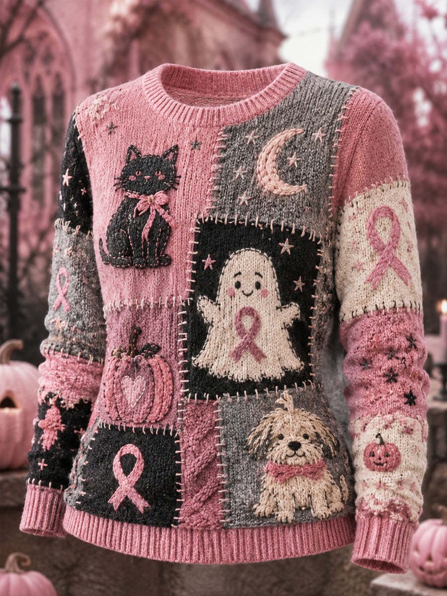 Roze halloweentrui voor vrouwen met print van spook en kat en roze lint ter ondersteuning van het bewustzijn rond borstkanker