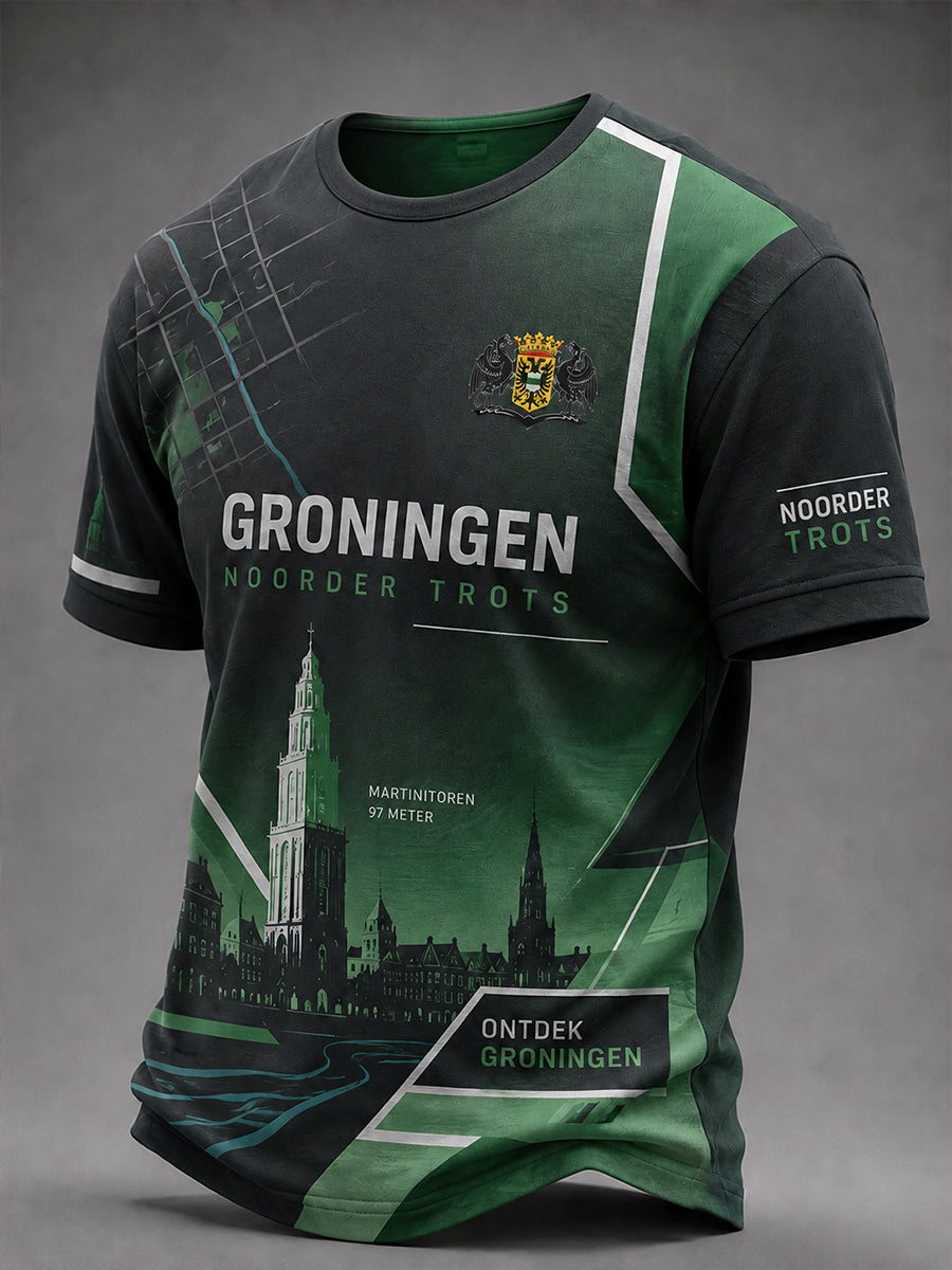 Heren-T-shirt met korte mouwen en stedelijke herdenkingsprint