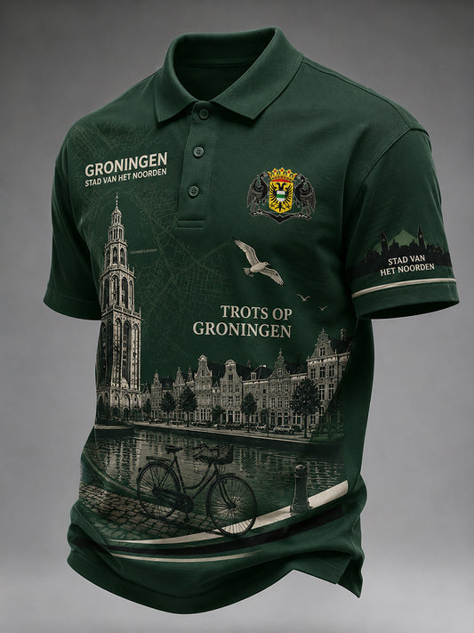 Herenpoloshirt met korte mouwen en stedelijke herdenkingsprint