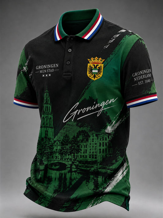 Herenpoloshirt met korte mouwen en stedelijke herdenkingsprint