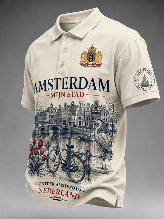Herenpoloshirt met korte mouwen en stedelijke herdenkingsprint