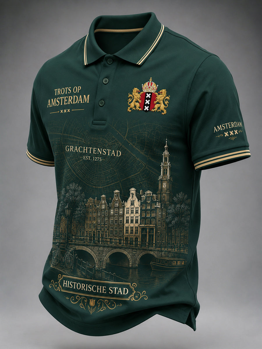 Herenpoloshirt met korte mouwen en stedelijke herdenkingsprint