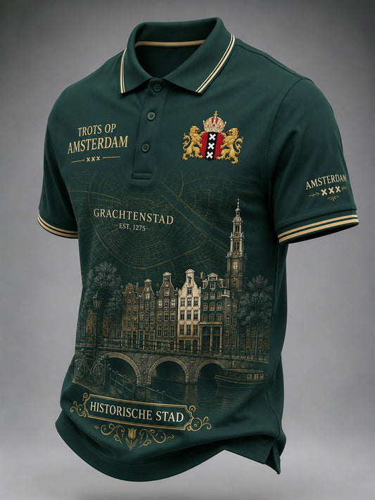 Herenpoloshirt met korte mouwen en stedelijke herdenkingsprint