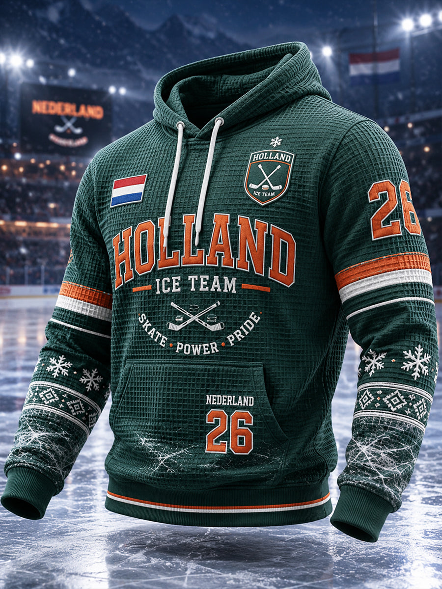 Herenhoodie van wafelbreiwerk met lange mouwen en een print met ijshockeythema