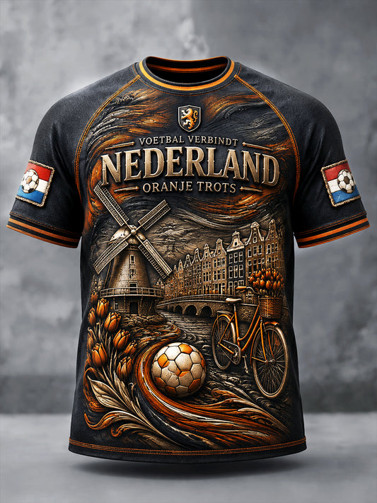 Heren zwart casual T-shirt met Nederlandse voetbalprint