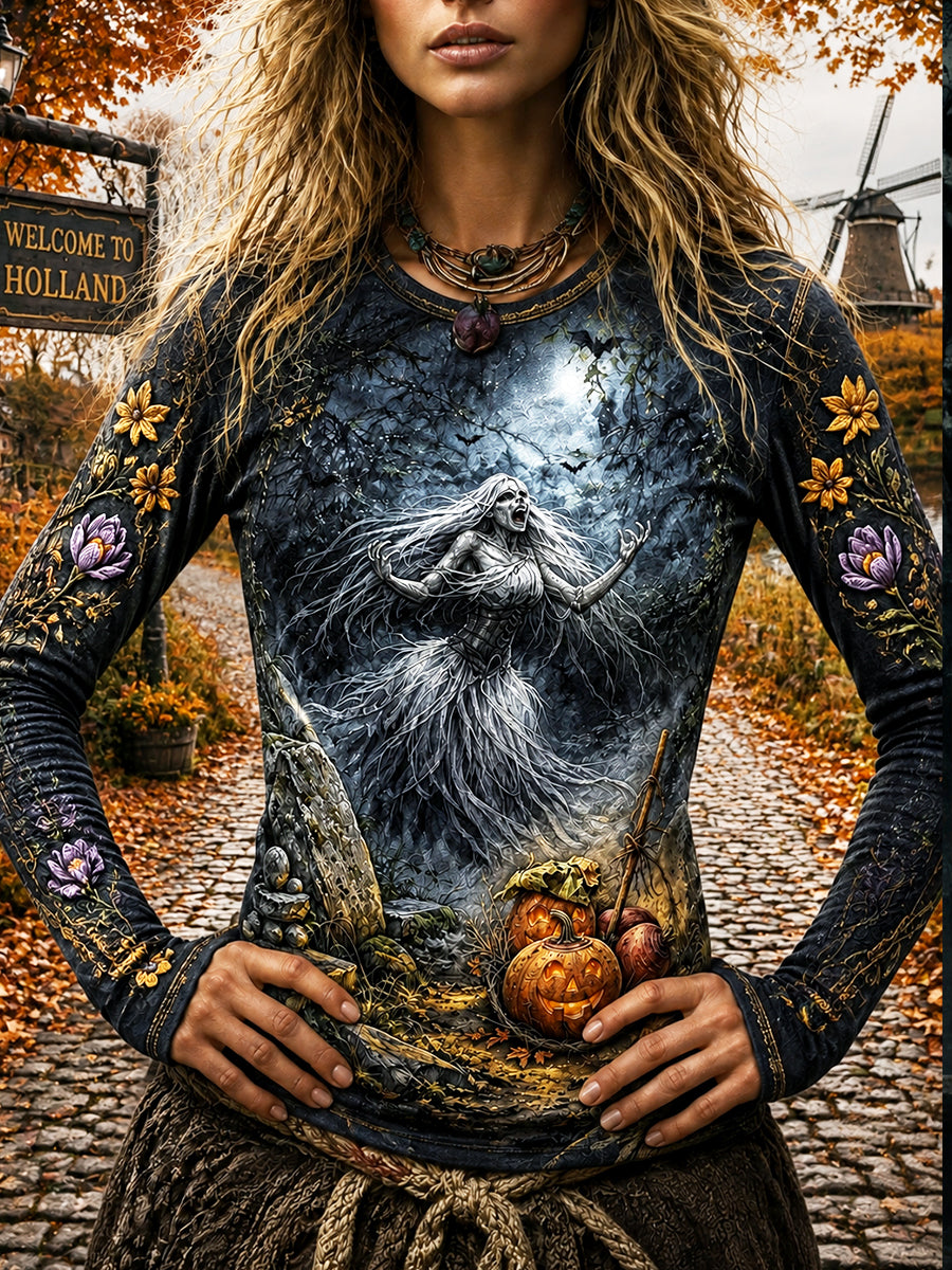 Nederlandse Halloween 'White Mist' spookprint herfst casual T-shirt met lange mouwen voor dames