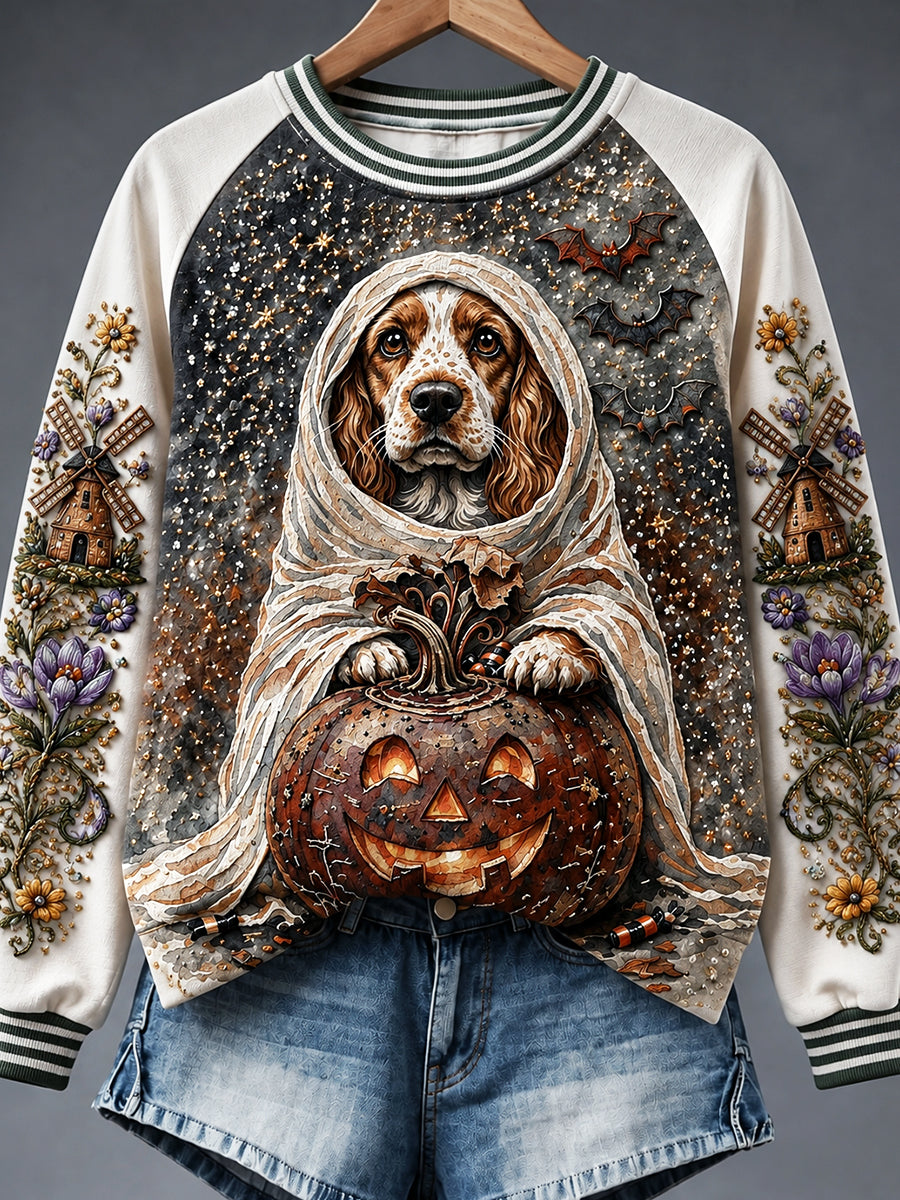Nederlandse Halloween Patchwork Print Casual Sweatshirt voor dames
