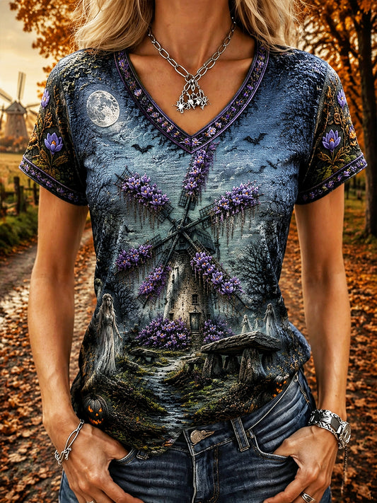 Dames Blauw Nederlandse Halloween Saffraan Windmolen Print V-hals T-shirt