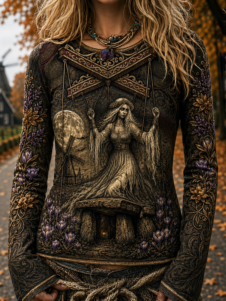Nederlandse Halloween 'White Mist' Ghost Print Casual T-shirt met lange mouwen voor dames