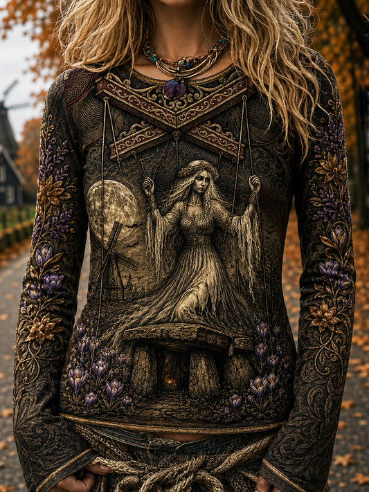 Nederlandse Halloween 'White Mist' Ghost Print Casual T-shirt met lange mouwen voor dames