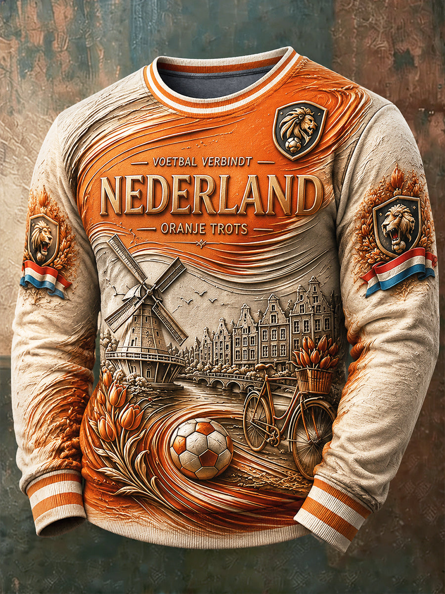 Nederlands voetbal heren 3D-geprint casual T-shirt met lange mouwen