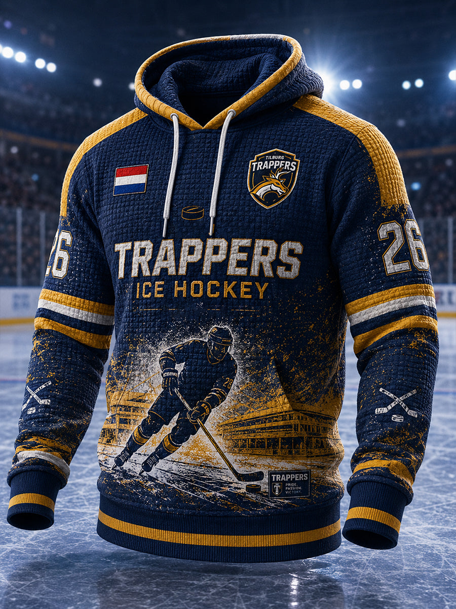 Herenhoodie van wafelbreiwerk met lange mouwen en een print met ijshockeythema