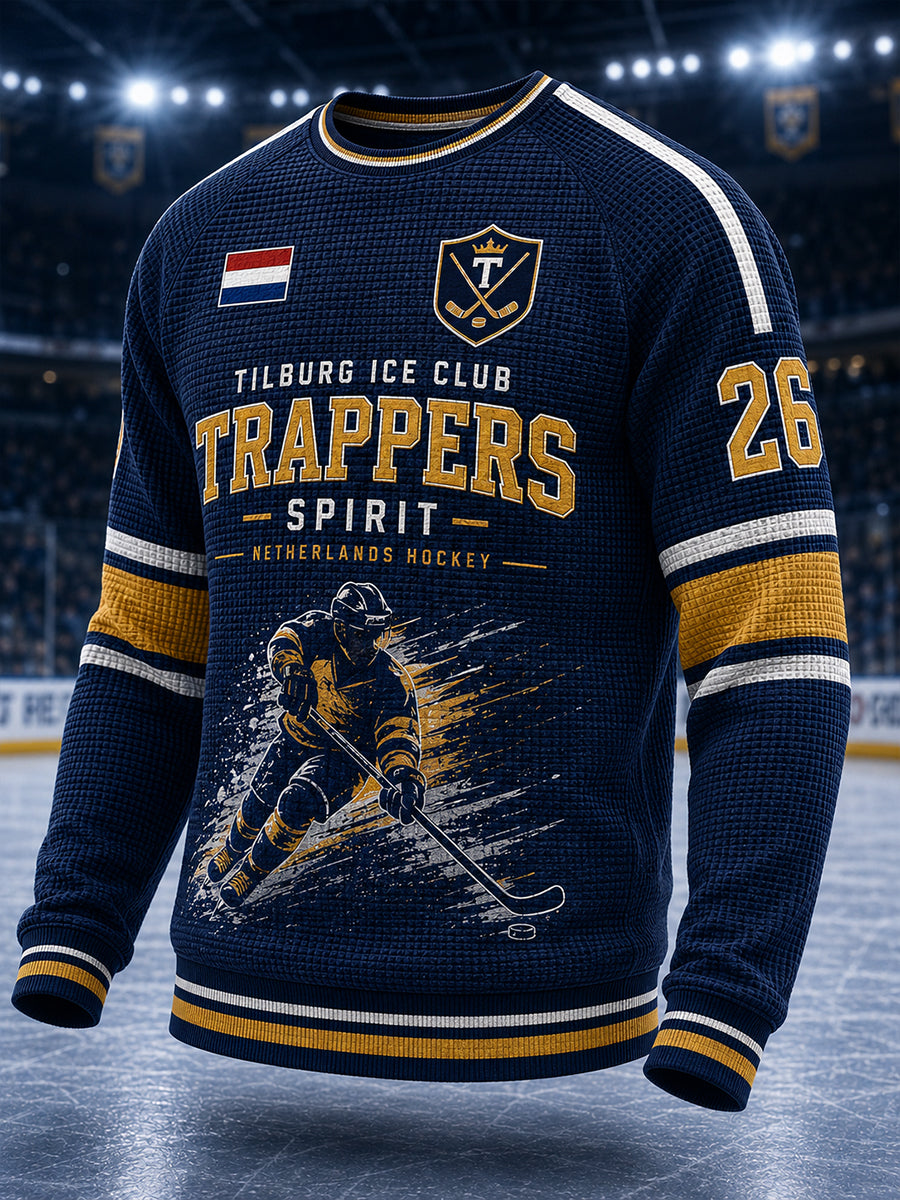 Heren wafel-gebreide lange mouw Raglan T-shirt met ijshockey-thema print