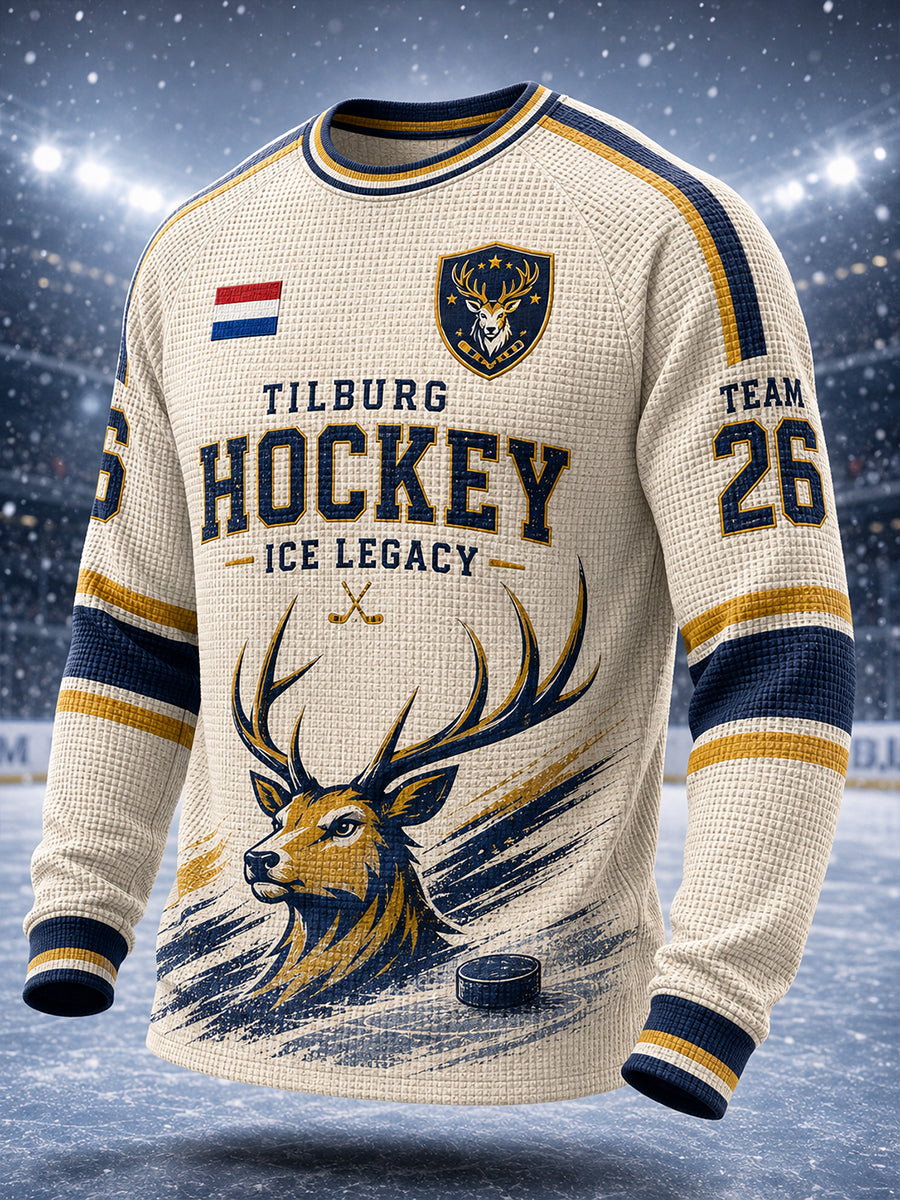 Herenwafelgebreid raglan-t-shirt met lange mouwen en ijs hockey‑thema