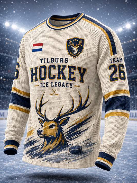 Herenwafelgebreid raglan-t-shirt met lange mouwen en ijs hockey‑thema